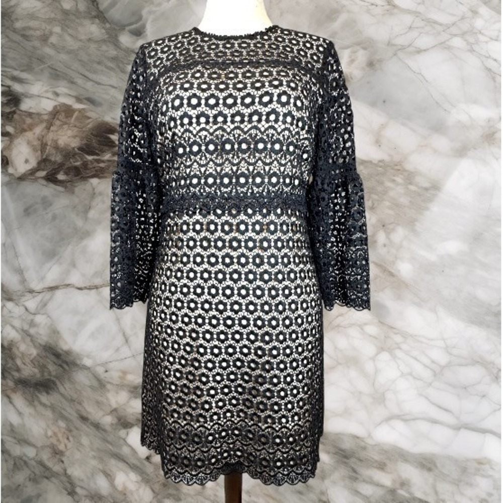 NWT J.Crew G7801 Bell Sleeve Daisylace Sheath Cocktail Dress Black Nude Size 6